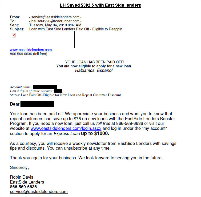 Client LH from CA saved $2,141