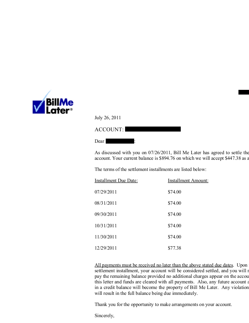 list of successful debt negotiation with bill me later letter me later