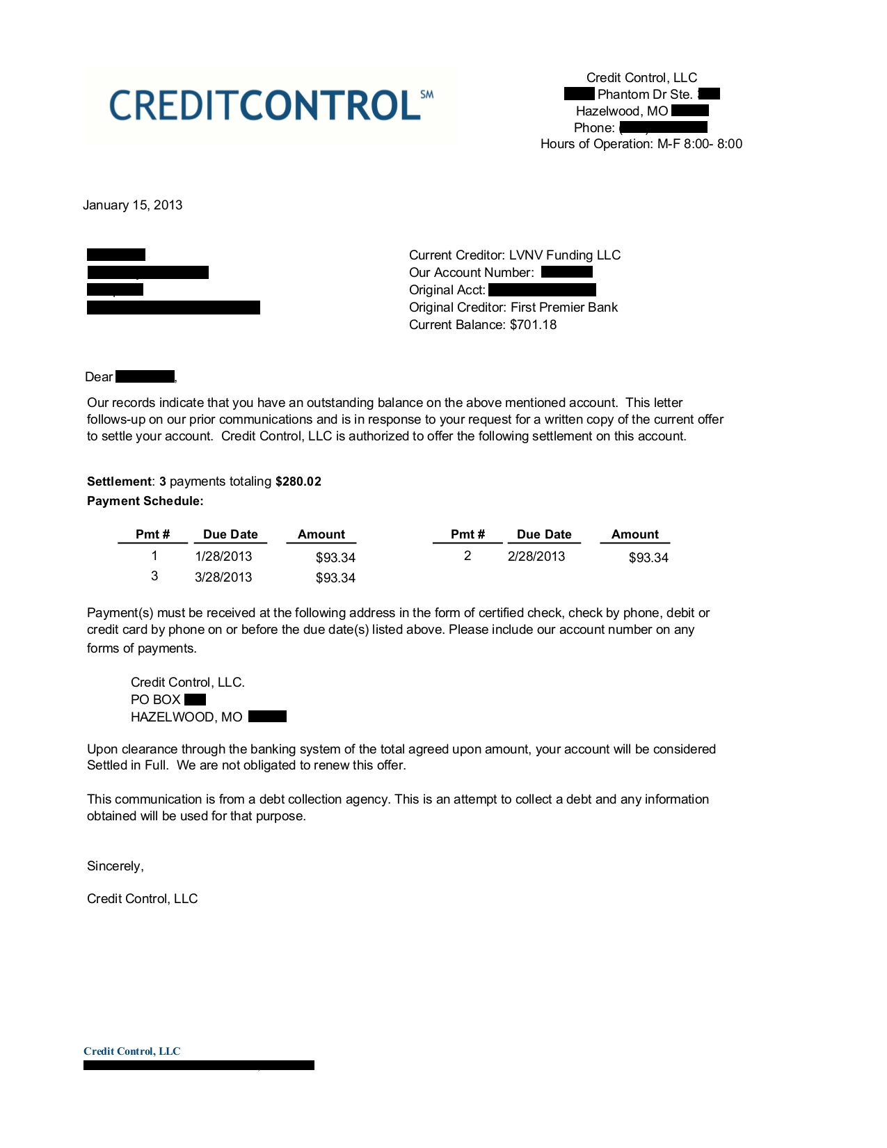 list of successful debt negotiation with first premier bank credit card settlement letter